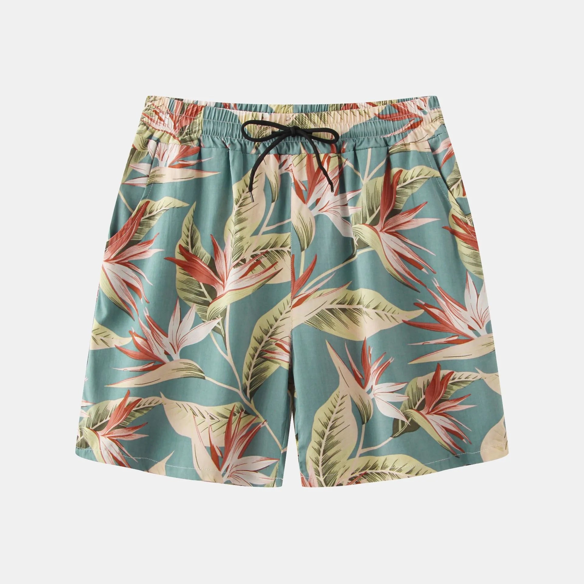 Trendsi floral print summer shorts with green base and tropical leaf patterns and black drawstring