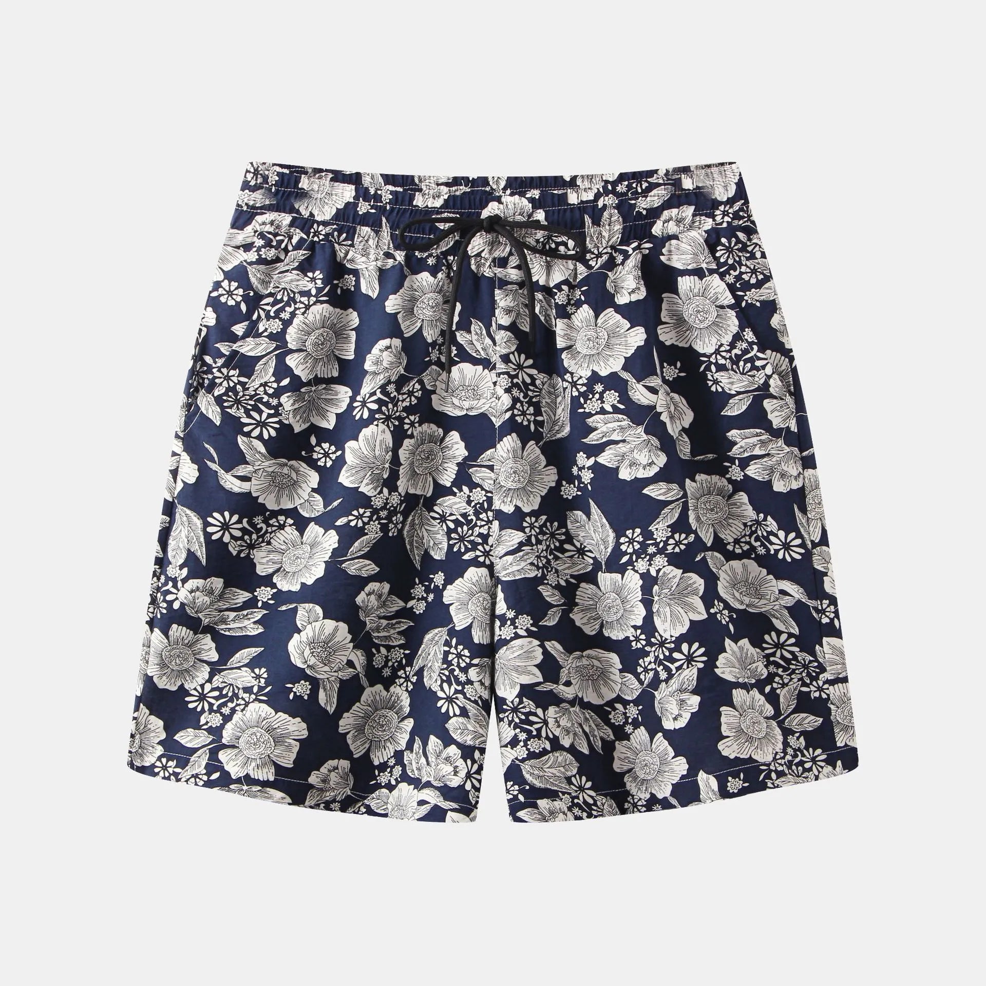 Trendsi floral print summer shorts with navy background and white flower patterns