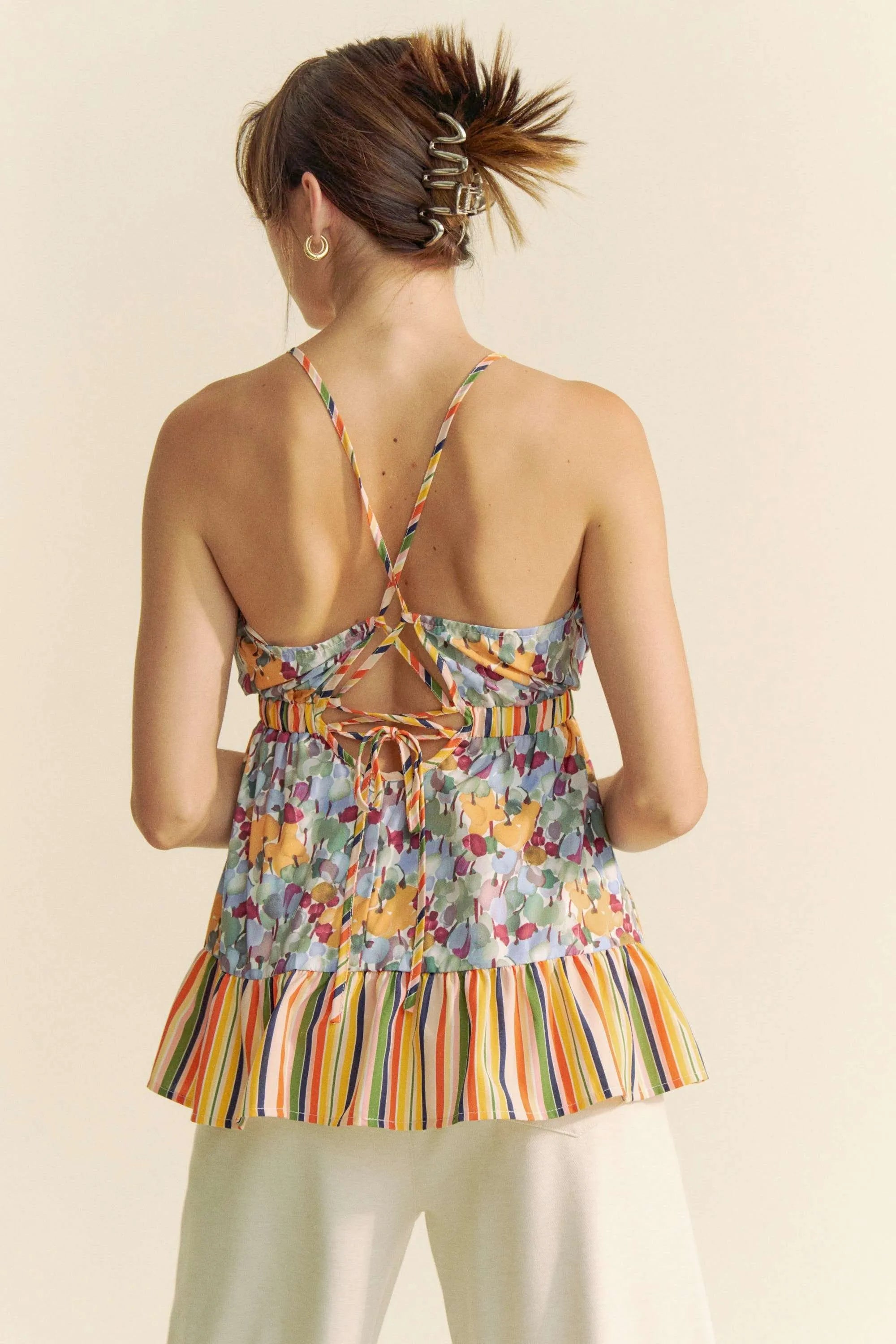 Trendsi floral smocked sleeveless top with colorful floral and striped design and lace-up back