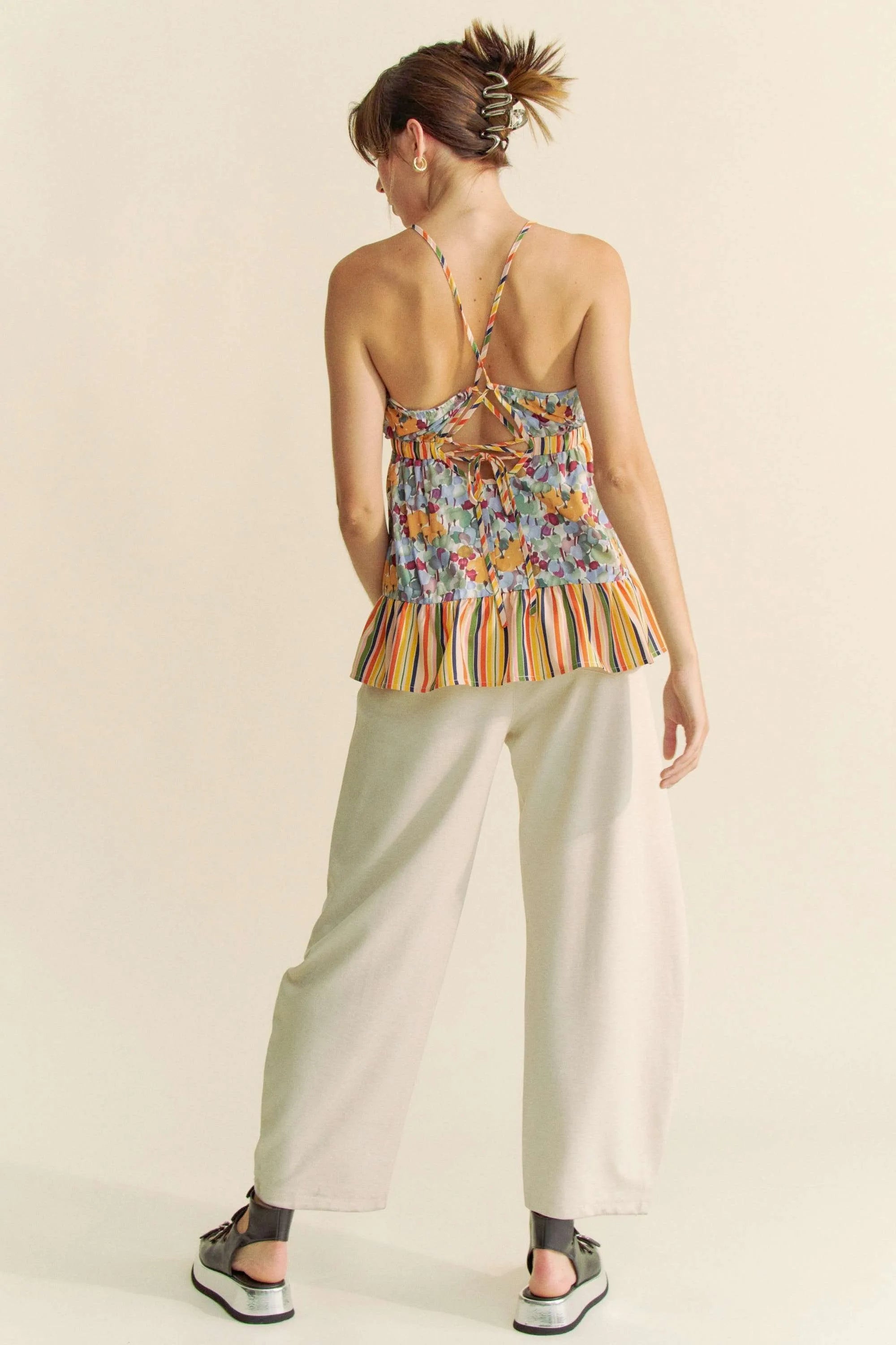 Trendsi floral smocked sleeveless top with colorful pattern and crisscross back straps