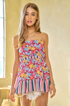 Trendsi floral smocked sleeveless top with colorful floral design and striped hem for a stylish summer look