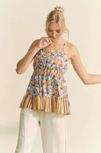 Trendsi floral smocked sleeveless top vest with colorful floral pattern and striped ruffle hem