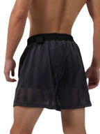Trendsi men's plus size shorts in black mesh fabric with elastic waistband shown from the back