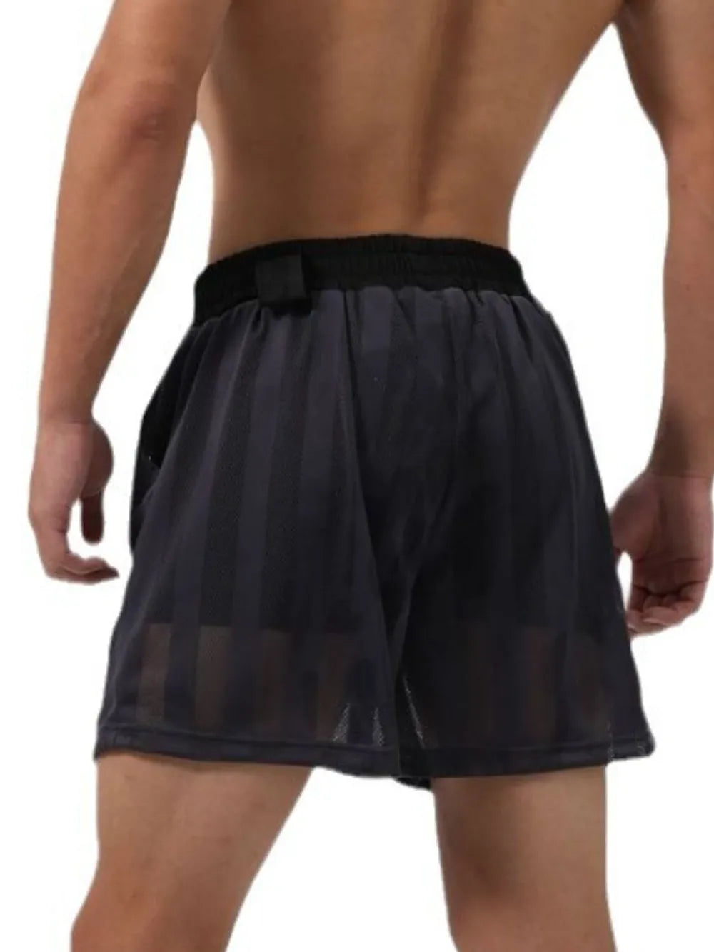 Trendsi men's plus size shorts in black mesh fabric with elastic waistband shown from the back