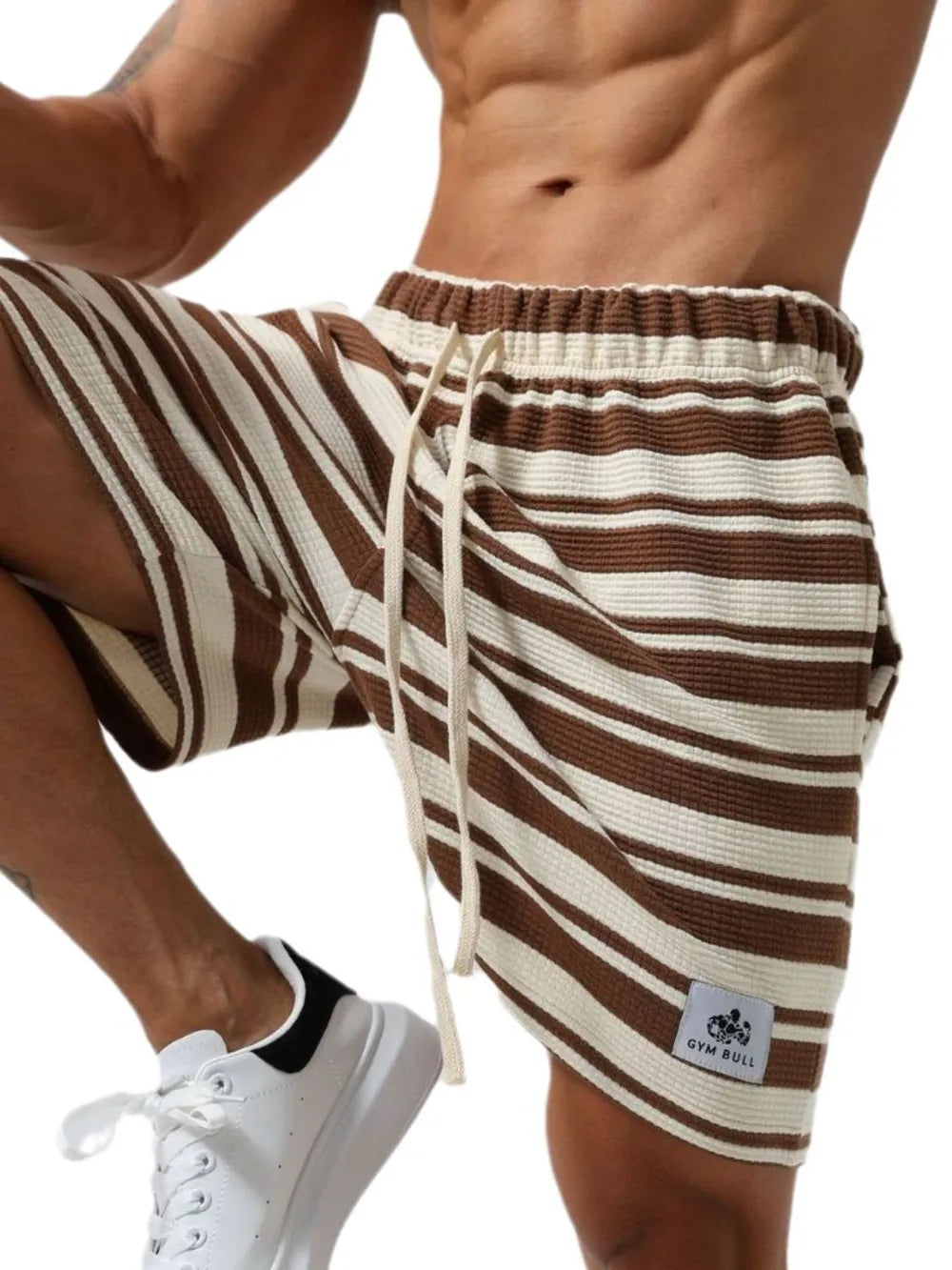 Trendsi striped beach shorts in brown and white with elastic waistband and drawstring