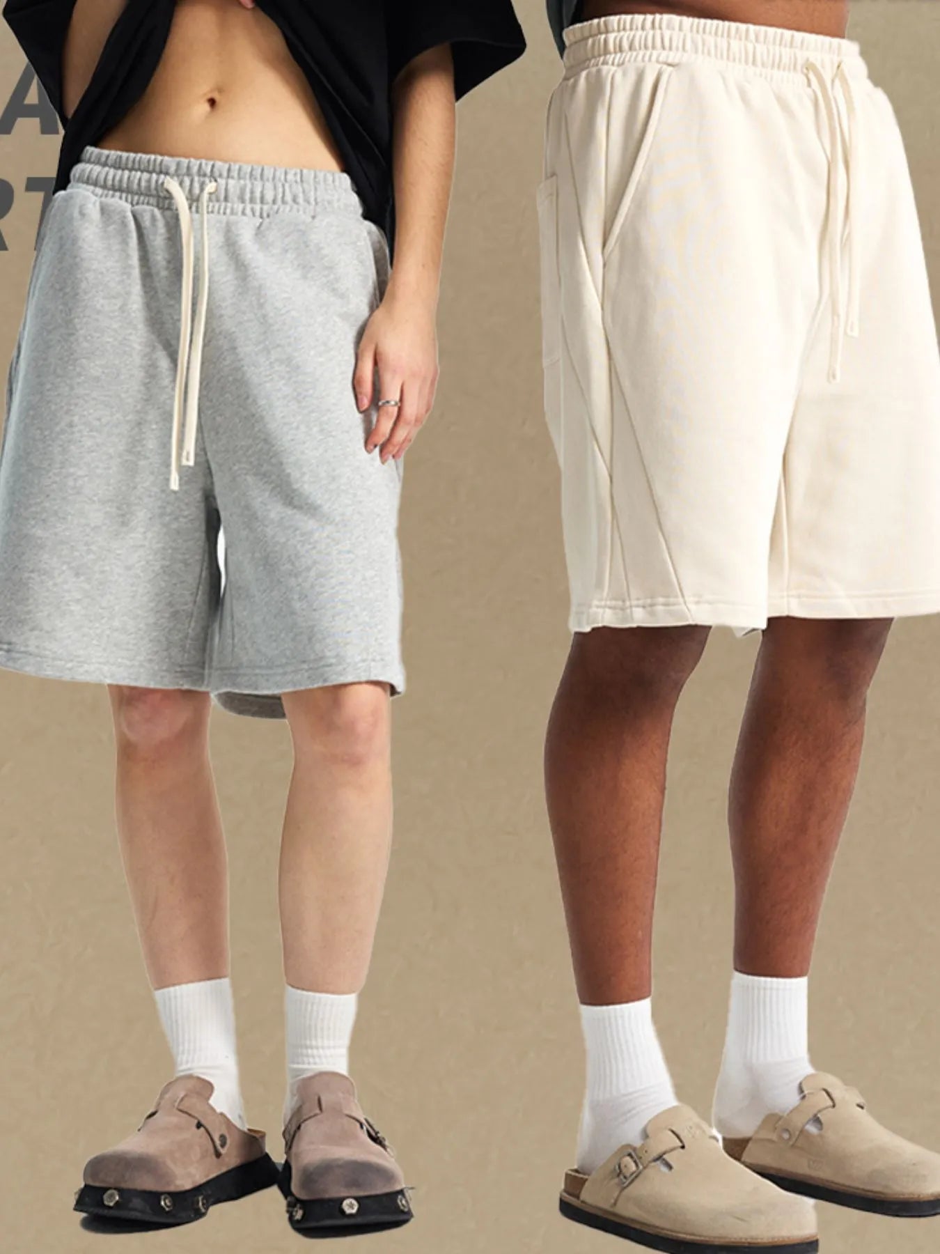 Lightweight drawstring shorts men in gray and white from Trendsi shown on male and female models