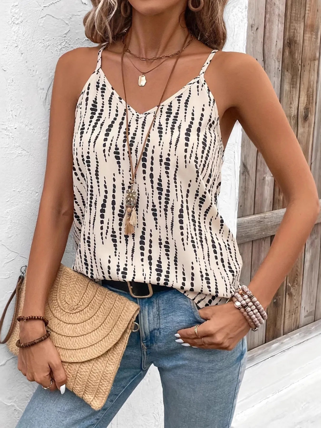 Trendsi stylish cami tops in beige with black abstract print, perfect for casual summer outfits