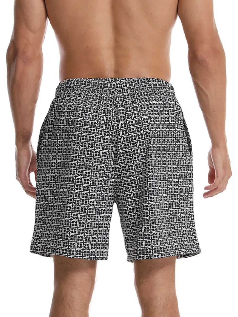 Trendsi summer casual men's shorts with black and white geometric pattern shown from back