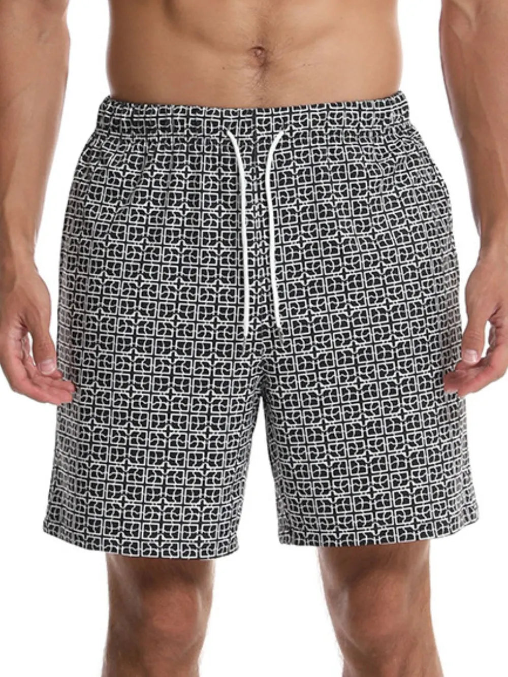  summer casual men's shorts with black and white geometric pattern and drawstring waist
