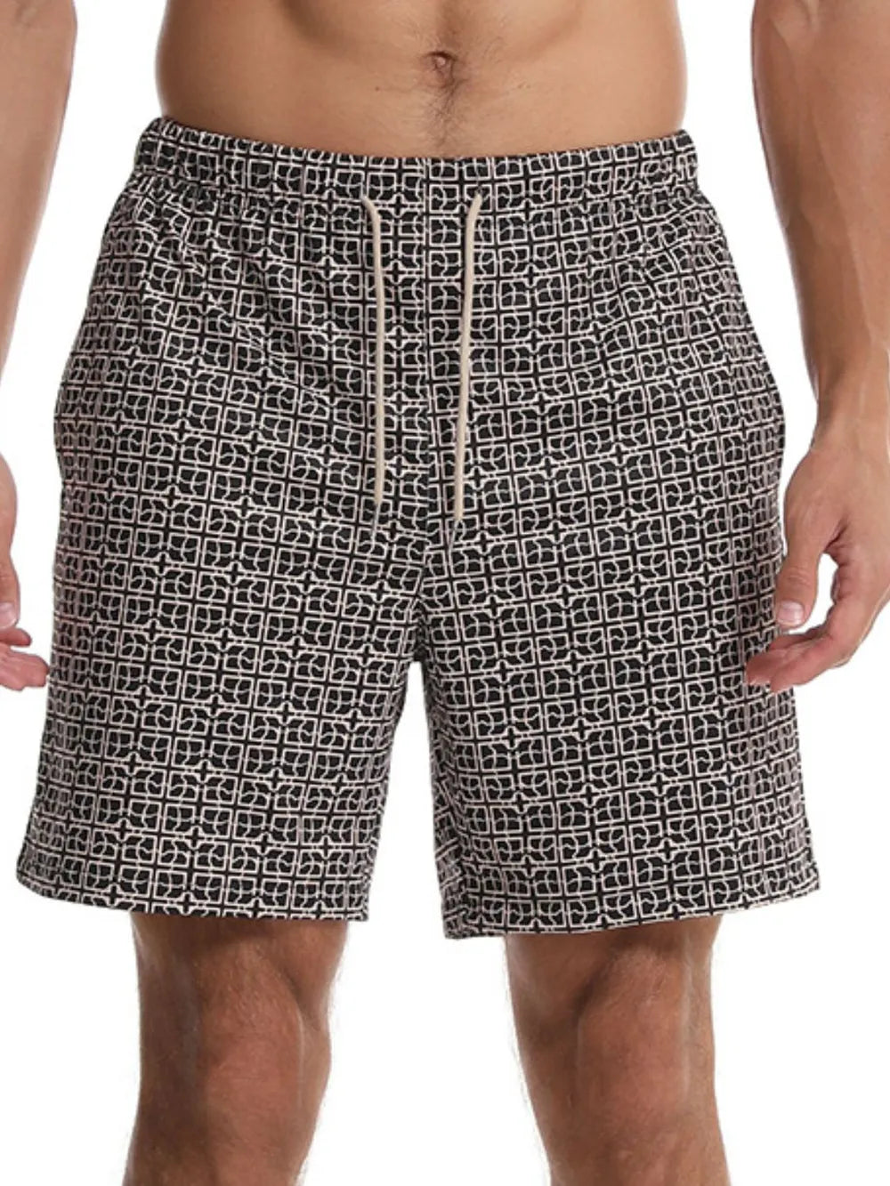 Trendsi black and white patterned summer casual men's shorts with elastic waistband and drawstring