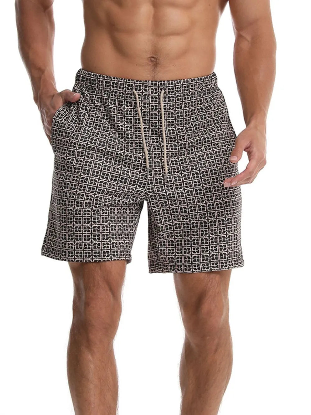 Trendsi summer casual men's shorts with black and white geometric pattern and drawstring waist