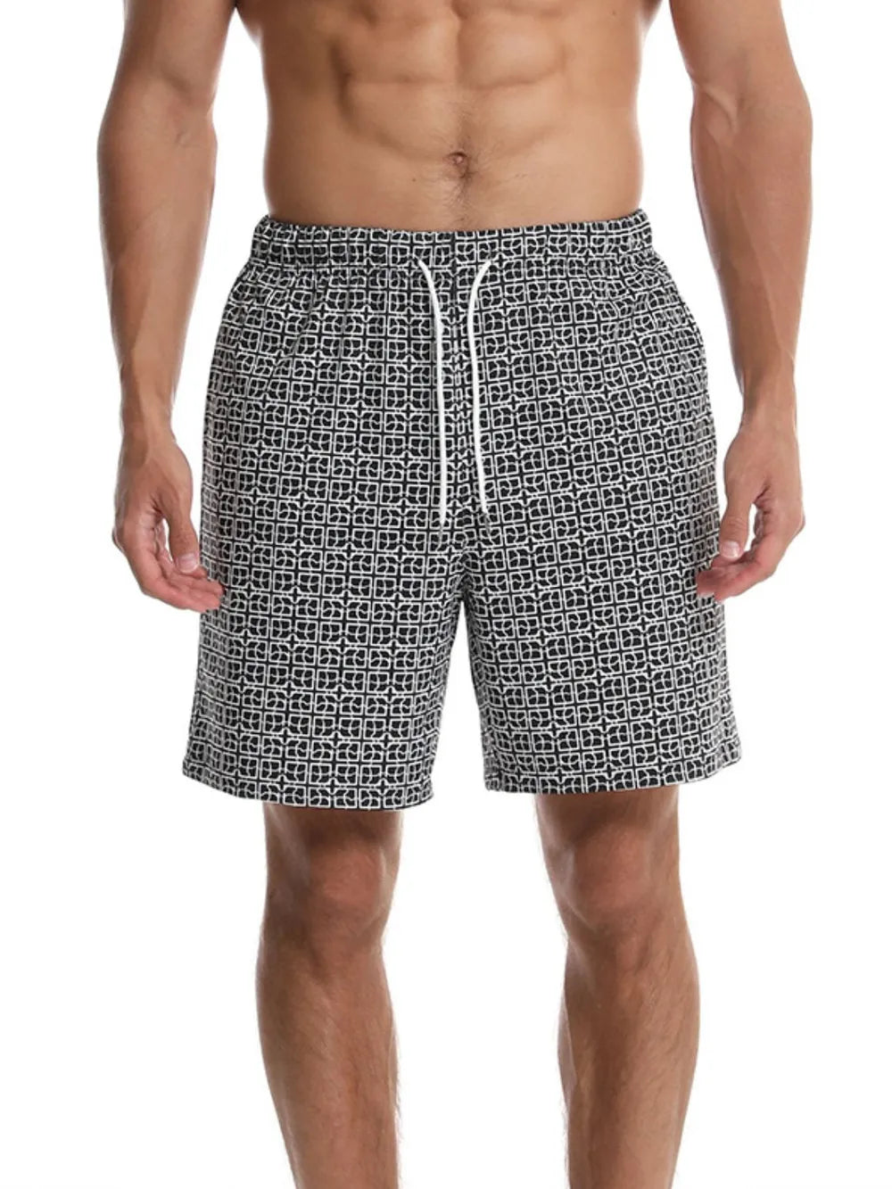 Trendsi summer casual men's shorts in black and white geometric pattern with drawstring waist