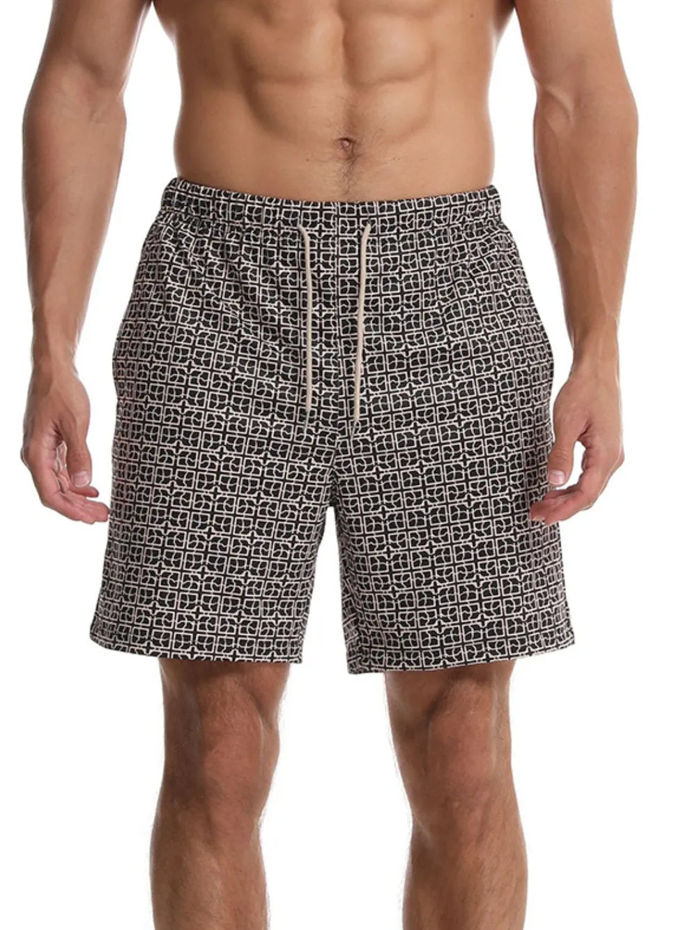 Trendsi summer casual men's shorts with black and white geometric pattern and adjustable drawstring waist