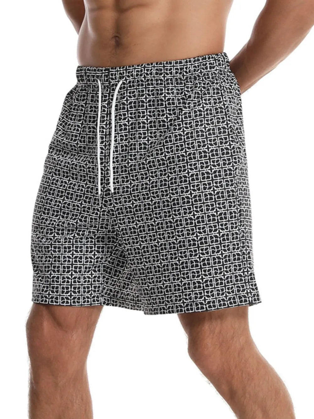  summer casual men's shorts with black and white geometric pattern 