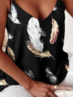 Trendsi v-neck summer top vest in black with feather print design, perfect for warm weather