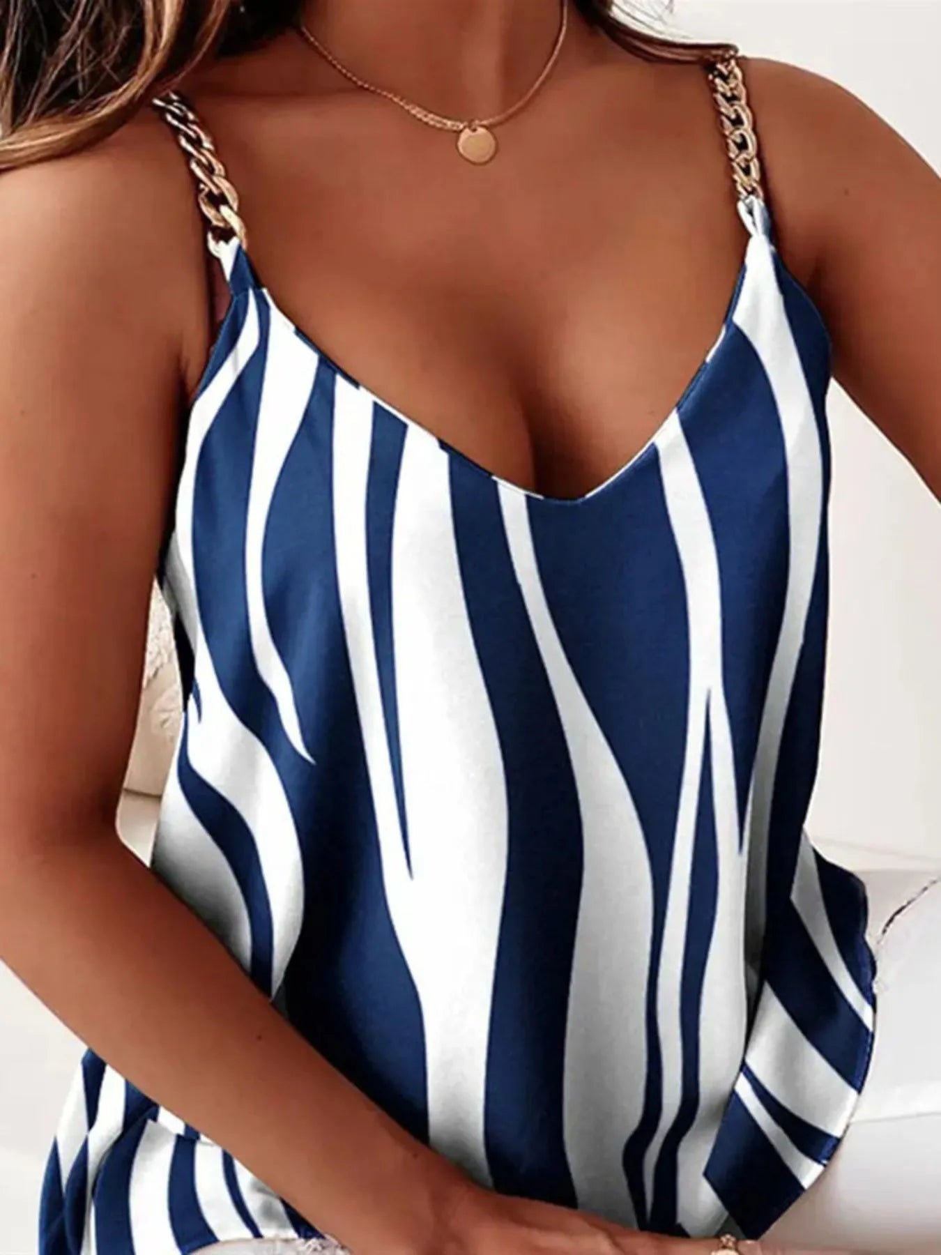 Trendsi v-neck summer top vest with navy and white abstract stripes and chain straps