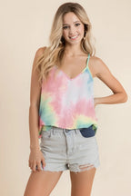 Trendsi tie dye cami top in pastel colors paired with denim shorts for a casual summer look