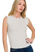 Trendsi women's summer stripe blouse sleeveless white shirt with black stripes and ruffled edges