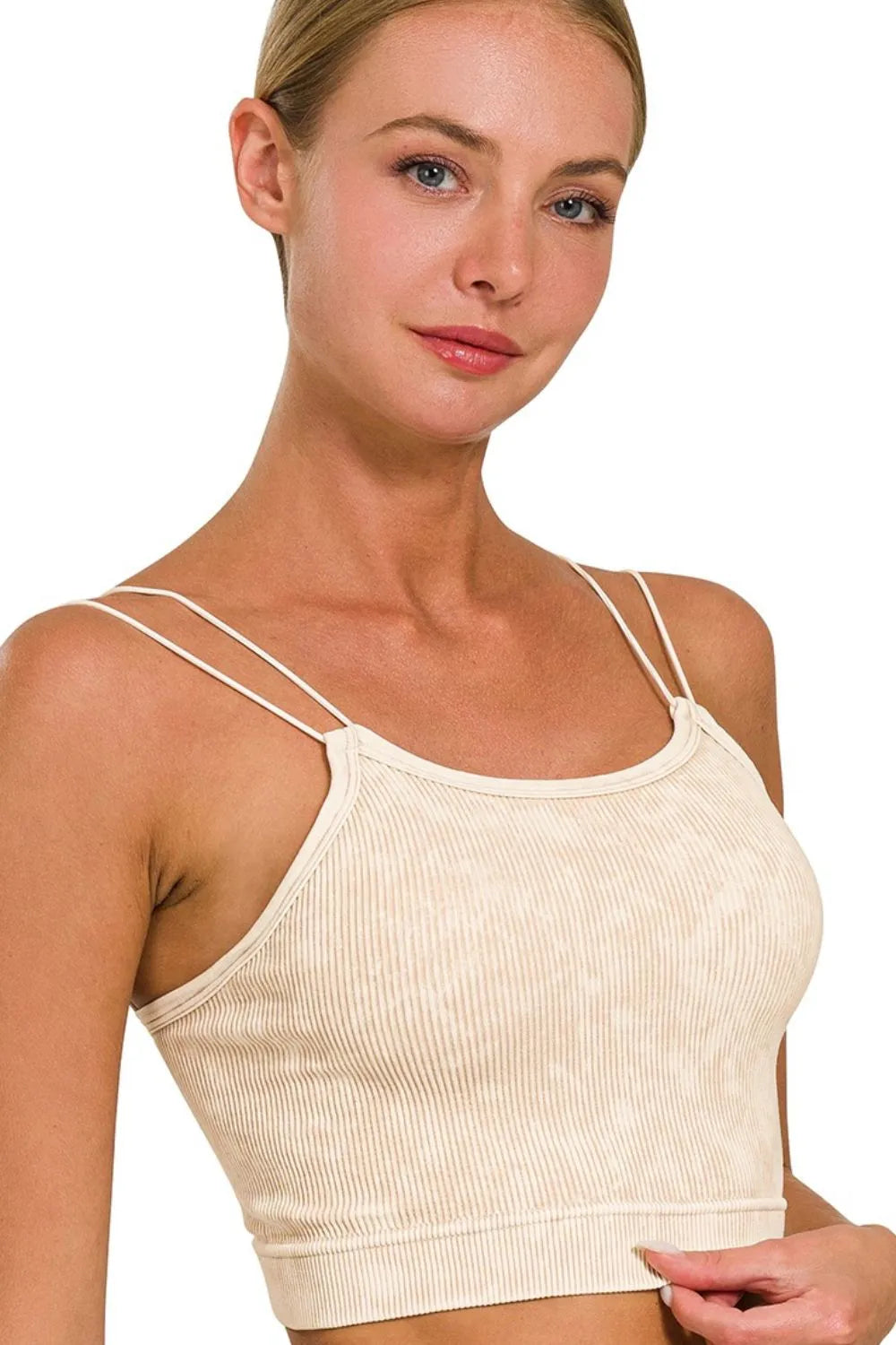 Trendsi beige ribbed Zenana seamless brami vest with double thin straps on a female model