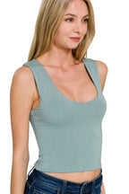 Zenana summer crop top in soft blue with wide straps and a fitted design for a casual look